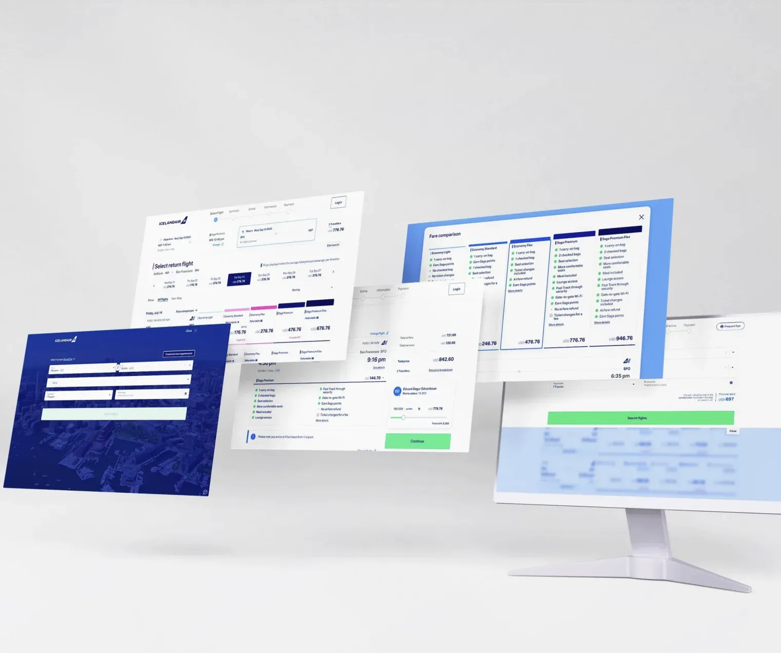 Icelandair booking engine screens for flight search, fare comparison, and booking.
