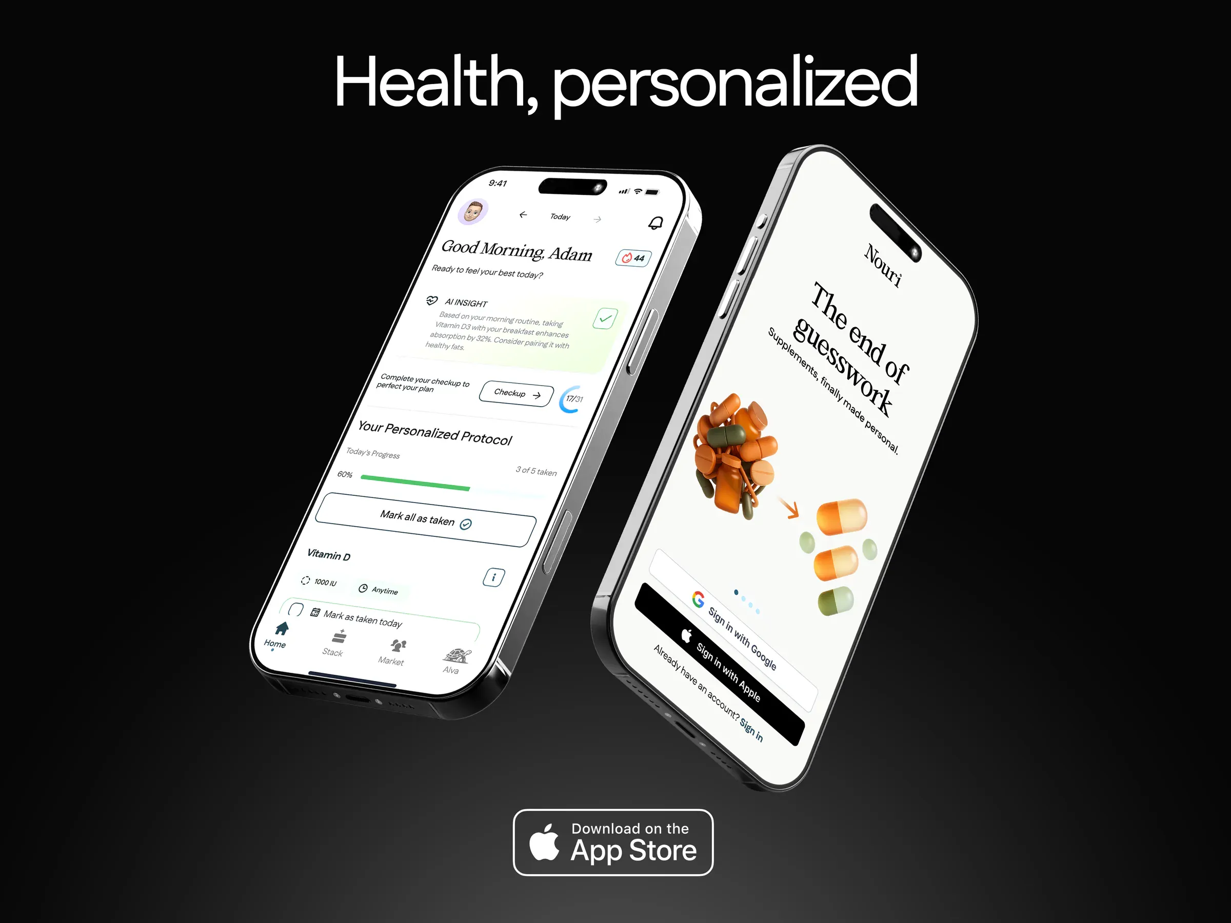 Three Nouri app screens with health recommendations and supplement onboarding.