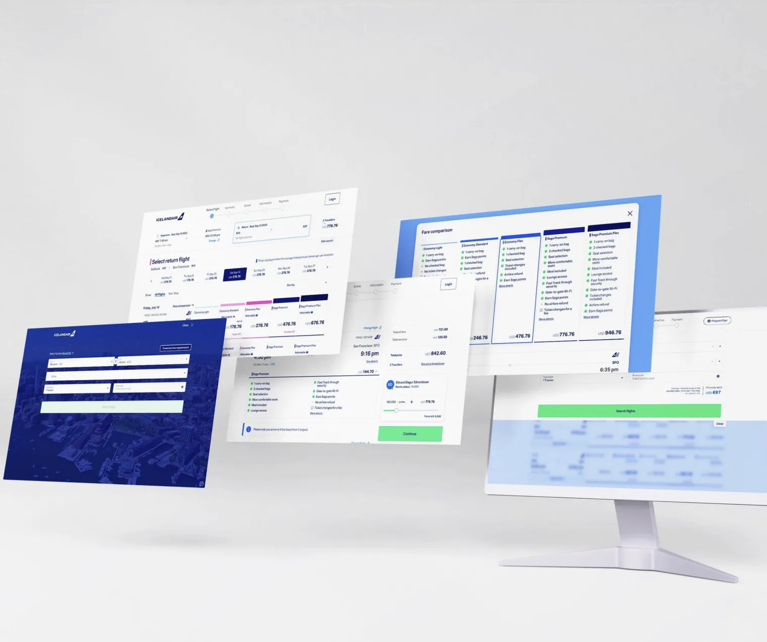Icelandair booking engine redesign screens showing flight search, fare comparison, and booking UI states.