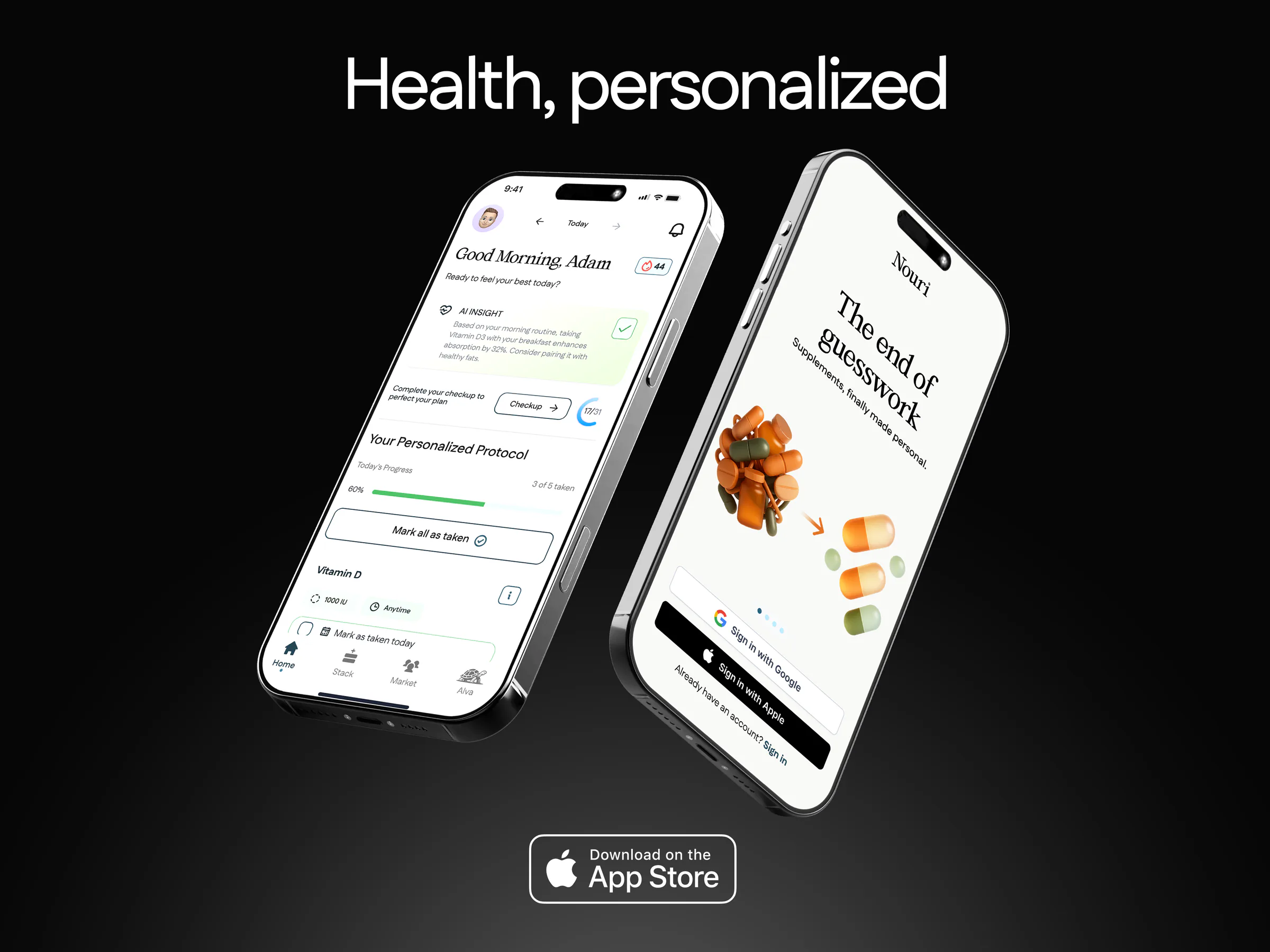 Nouri app screens showing health recommendations and supplement onboarding.